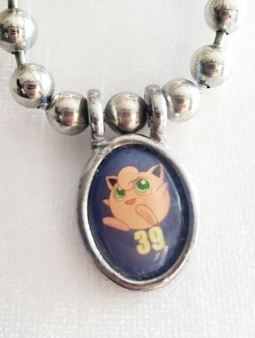 Vintage Jigglypuff 39 Pokemon Oval Charm Necklace SilverTone Large Beaded Chain